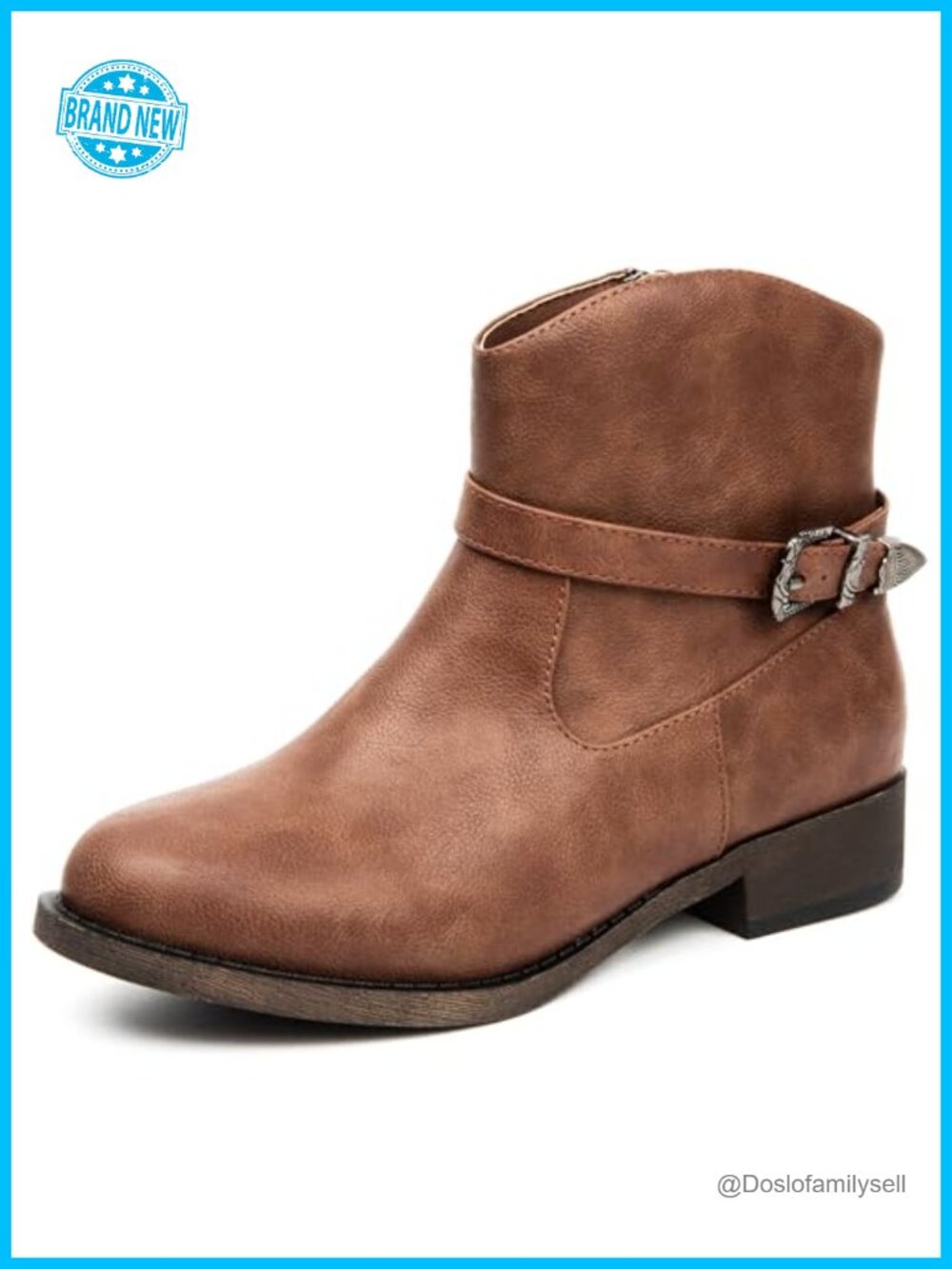 Women's Western Ankle Boots Low Chunky Heel Faux Leather Side Zip